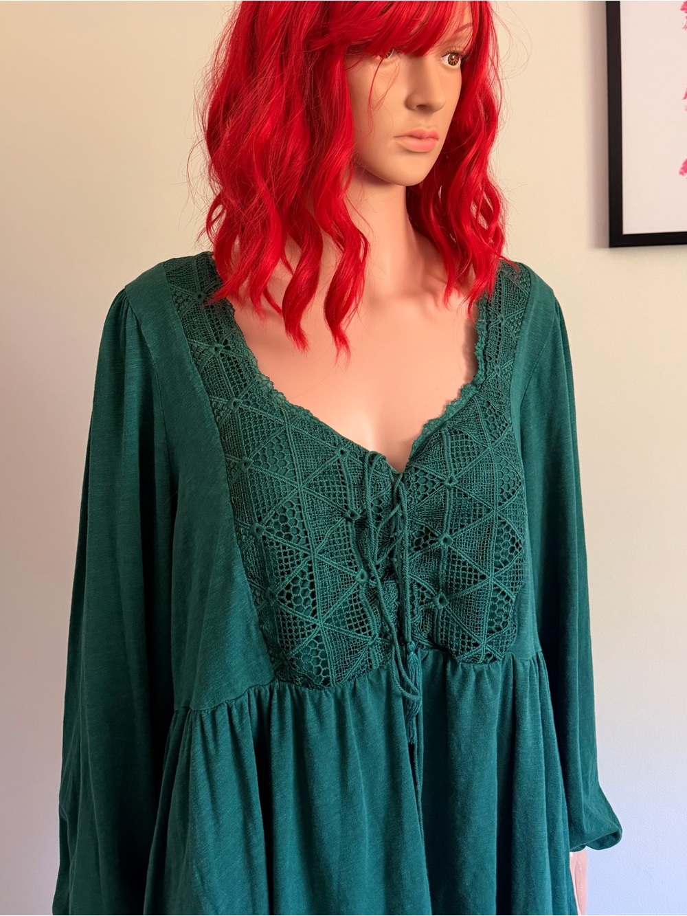 Torrid Slub Green Crochet Lace up Peasant Top Size 3X